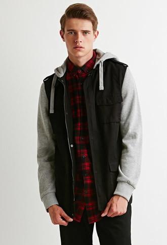 21 Men Men's  Hooded Utility Jacket (black/heather Grey)