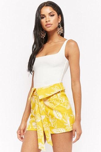 Forever21 Linen-blend Foldover Leaf Print Shorts