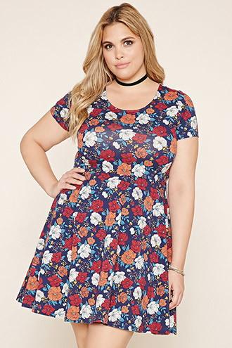 Forever21 Plus Women's  Navy & Orange Plus Size Floral Skater Dress