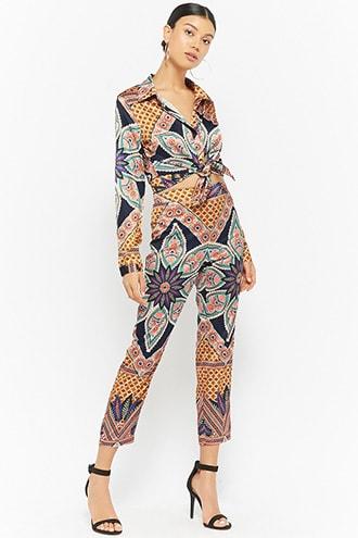 Forever21 Satin Ornate Print Top & Pants Set