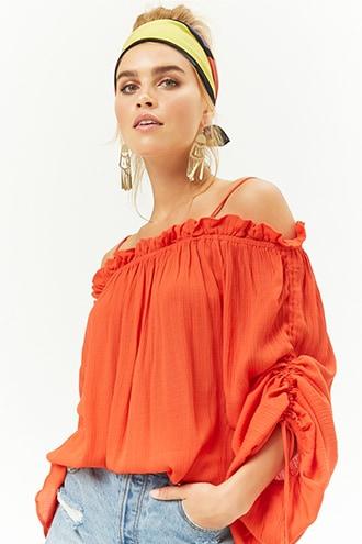 Forever21 Ruched Drawstring Open-shoulder Top