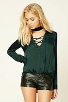Forever21 Women's  Hunter Green Contemporary Satin Lace-up Top