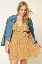 Forever21 Plus Women's  Mustard & Cream Plus Size Belted Floral Dress