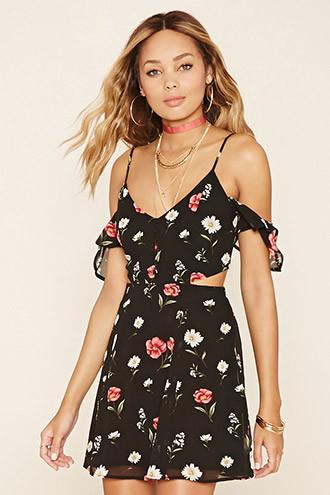 Forever21 Women's  Black & Red Floral Off-the-shoulder Dress