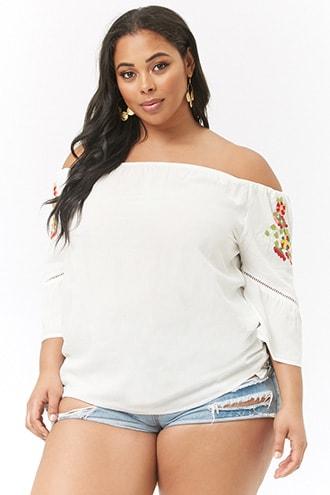 Forever21 Plus Size Floral Embroidered Off-the-shoulder Top