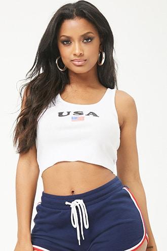 Forever21 Ribbed Usa Cropped Tank Top