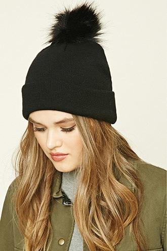 Forever21 Women's  Black Foldover Pom-pom Beanie