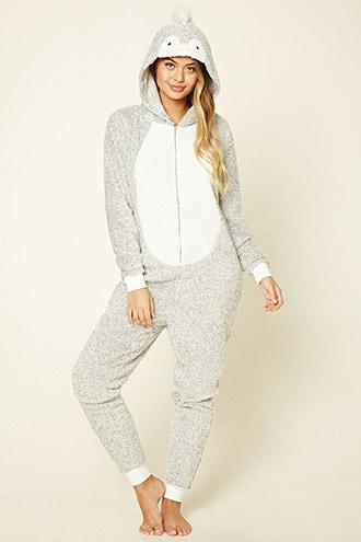 Forever21 Women's  Grey & Cream Penguin Plush Pj Jumpsuit