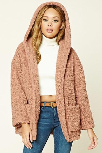 Forever21 Women's  Mauve Faux Fur Hooded Jacket