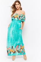 Forever21 Feather Print Off-the-shoulder Maxi Dress