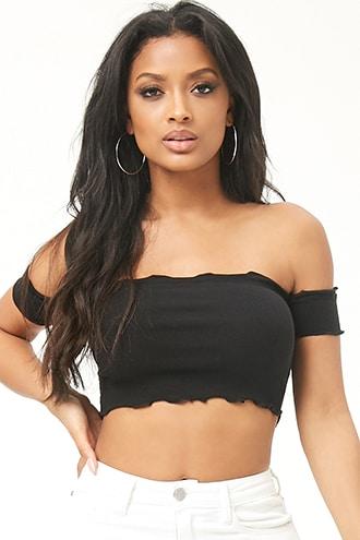 Forever21 Ribbed Lettuce-edge Off-the-shoulder Crop Top