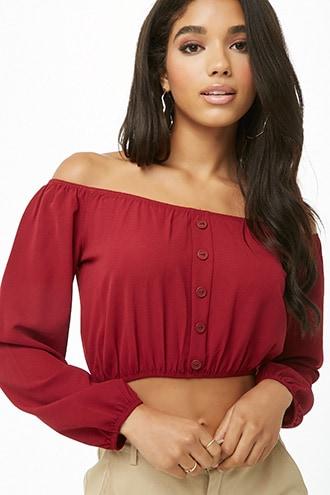 Forever21 Button-front Off-the-shoulder Crop Top