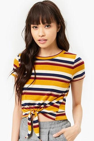 Forever21 Striped Knotted-hem Sweater-knit Top