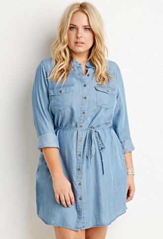Forever21 Plus Women's  Belted Chambray Shirt Dress (denim)
