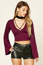 Forever21 Women's  Burgundy Strappy Bell-sleeve Top
