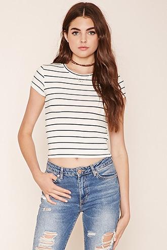 Forever21 Women's  Cream & Black Striped Knit Tee