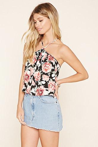 Forever21 Women's  Black & Pink Floral Cropped Cami