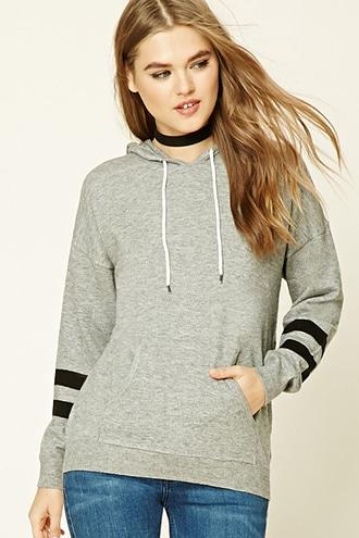 Forever21 Women's  Heather Grey & Black Hooded Varsity Stripe Sweater