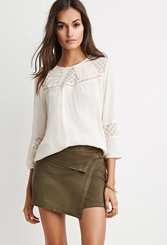 Forever21 Embroidered Mesh Pintucked Blouse