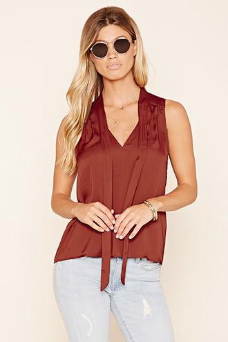 Forever21 Women's Rust Satin Tie-neck Blouse