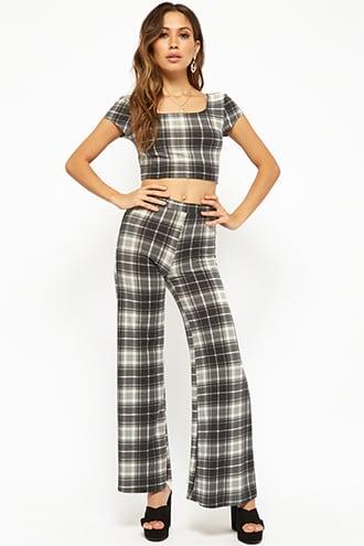 Forever21 French Terry Plaid Crop Top & Pants Set
