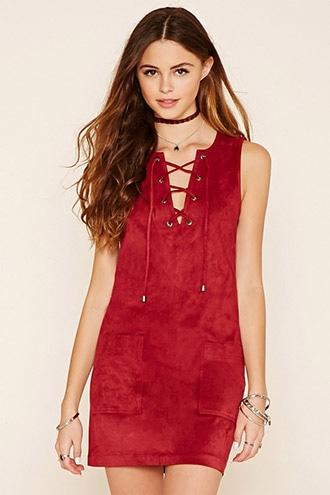 Forever21 Women's Wine Faux Suede Lace-up Dress