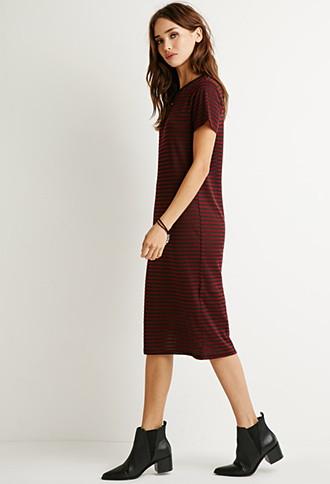 Forever21 Women's  Classic Striped T-shirt Dress (burgundy/black)