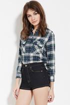 Forever21 Women's Green & Cream Snap-buttoned Plaid Shirt