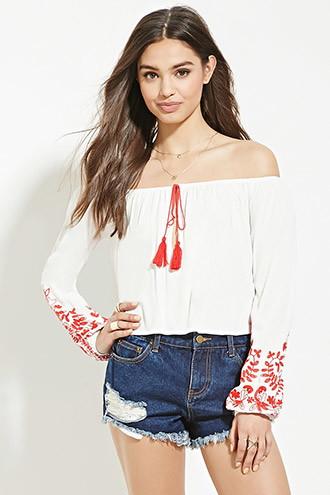 Forever21 Women's Embroidery Off-the-shoulder Top