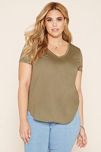 Forever21 Plus Women's  Olive Plus Size Classic V-neck Tee