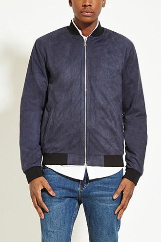21 Men Men's  Navy Faux Suede Bomber Jacket