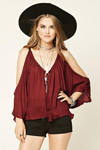 Forever21 Women's Wine Crochet Open-shoulder Top