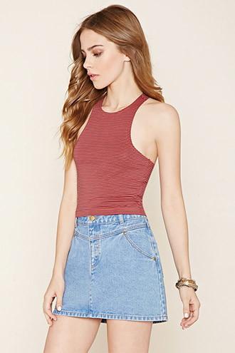Forever21 Women's  Blue & Orange Striped Racerback Crop Top