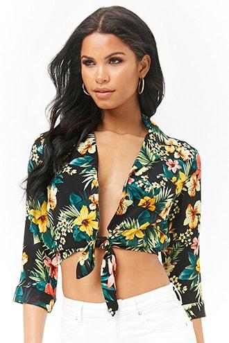 Forever21 Cropped Floral Print Shirt