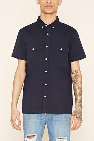 21 Men Men's  Navy Flap-pocket Cotton Shirt