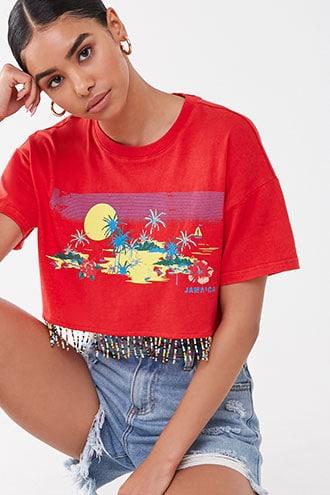 Forever21 Beaded Fringe Tropical Graphic Tee