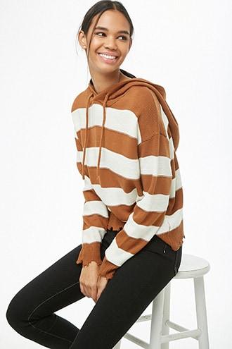 Forever21 Tattered Striped Hooded Top