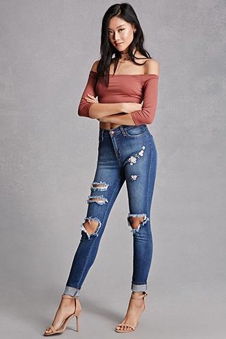 Forever21 Floral Embroidered Skinny Jeans