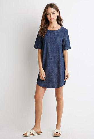 Forever 21 Boxy Denim Dress Dark Blue Small