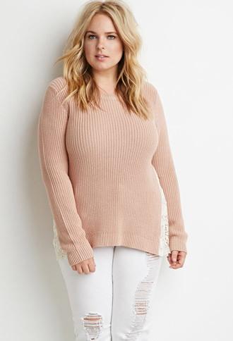 Forever21 Plus Floral Crochet-paneled Rib Sweater