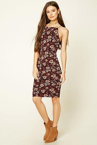 Forever21 Women's  Burgundy & Tan Floral Print Square-neck Dress