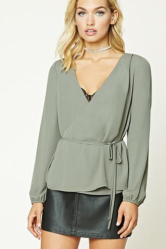 Forever21 Women's  Olive Crepe Woven Peplum Blouse