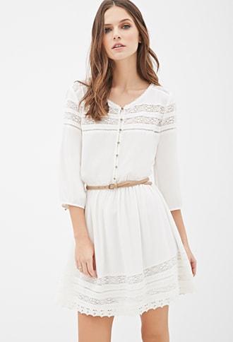 Forever21 Belted Crochet-paneled Peasant Dress