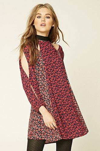 Forever21 Women's  Navy & Red Floral Open-shoulder Dress