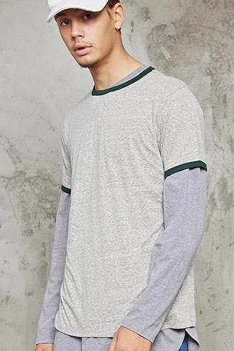 21 Men Men's  Heather Grey & Green Slub Knit Ringer Tee