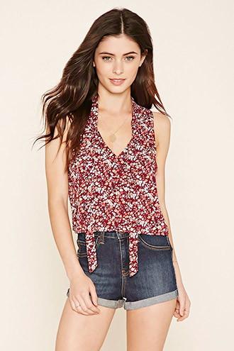 Forever21 Women's  Neck-tie Floral Print Tank