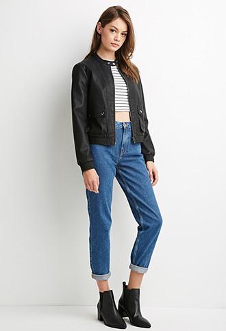 Forever21 Faux Leather Flap-pocket Bomber Jacket