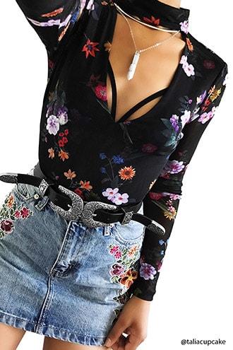 Forever21 Embroidered Floral Denim Skirt