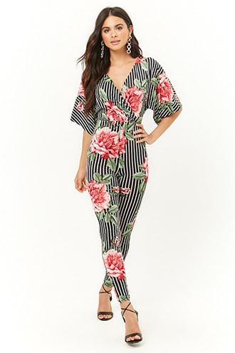 Forever21 Floral Print Striped Jumpsuit