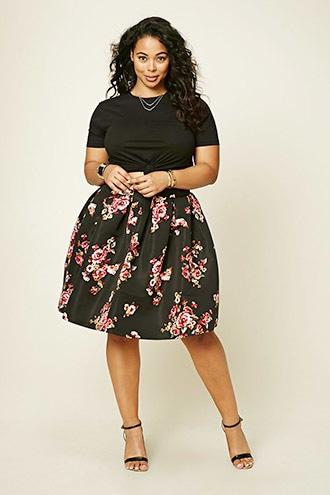 Forever21 Plus Women's Black & Burgundy Plus Size Pleated Floral Skirt